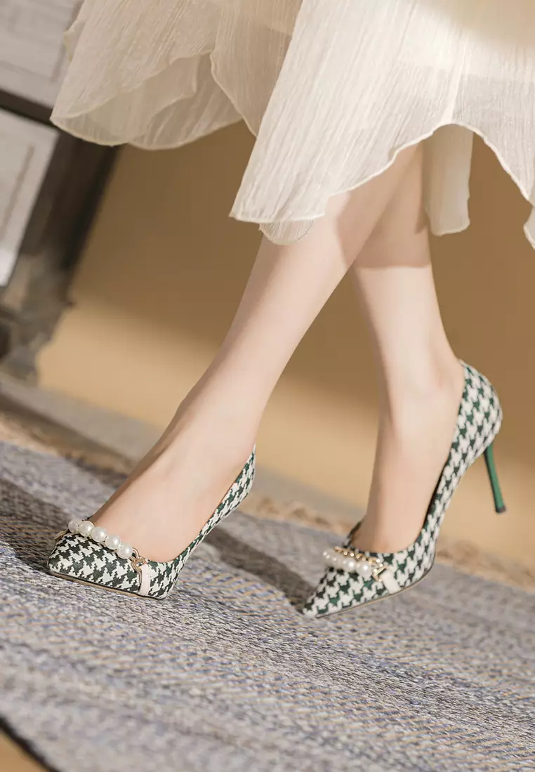 8.5CM Pearl Chain Pointy Plaid Pumps TE7198-7