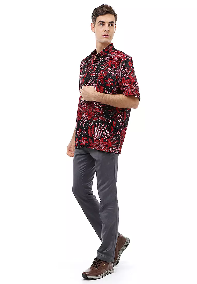 Kendrick Atasan Formal Kemeja Batik Pria Motif Manggar Abang Short Sleeve Full Furing Material Cotton ORIGINAL - Red