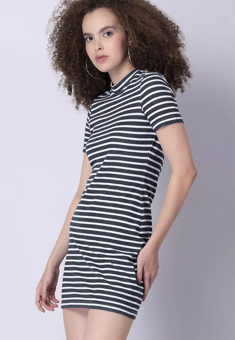 BASICS Blue Striped Knit Mini Bodycon Dress