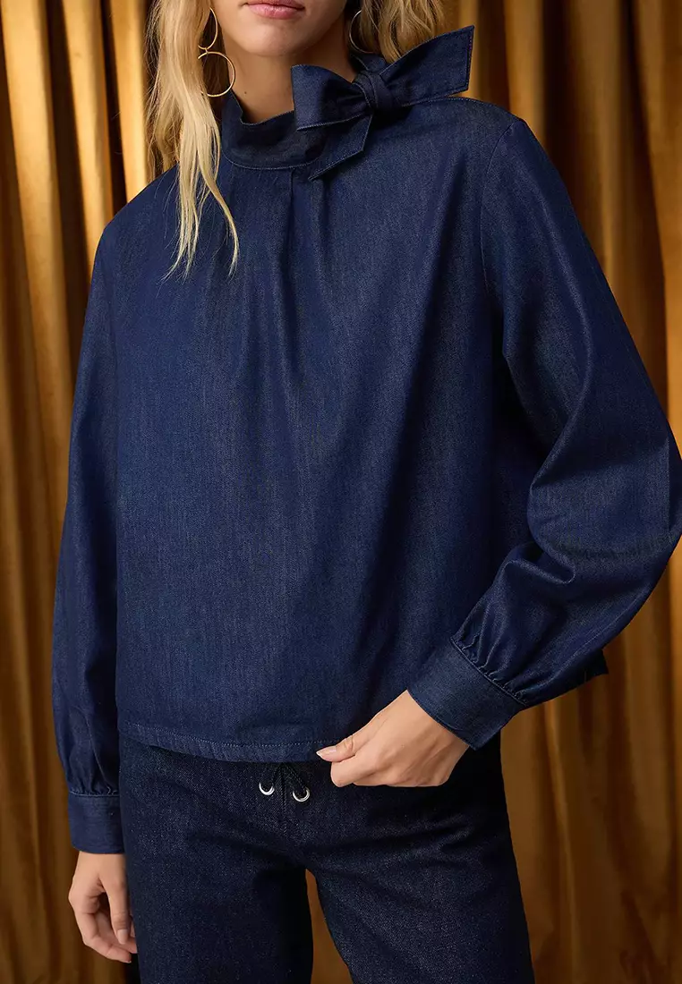 Dark Blue Tie Collar Detailed Denim Blouse Twoaw26Bz00089