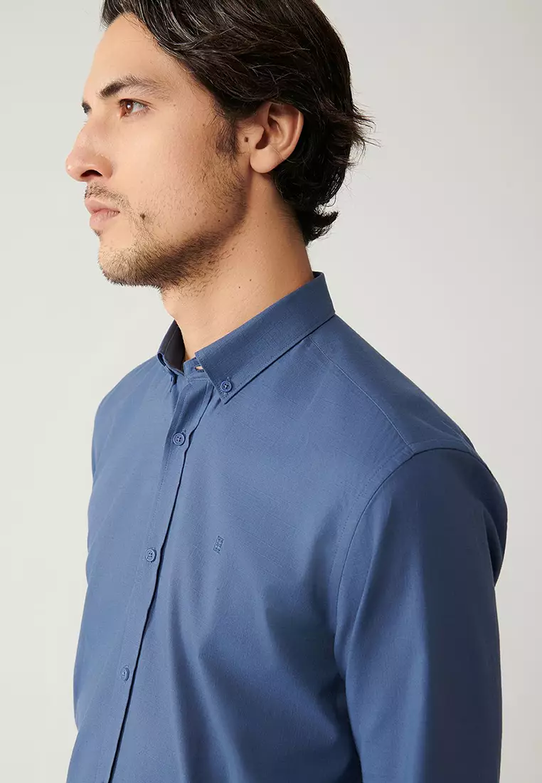 Men's Indigo Button-Down Collar 100% Cotton Linen Textured Shirt E002141