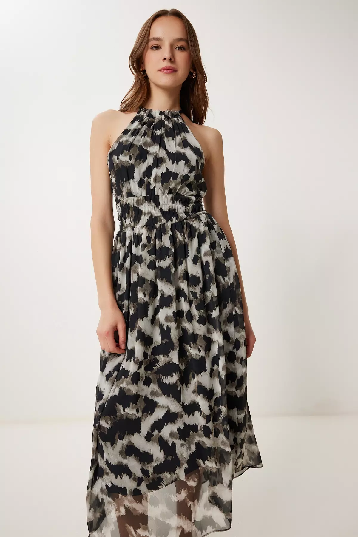 Women Black Gray Patterned Flounced Midi Chiffon Dress Fg00029