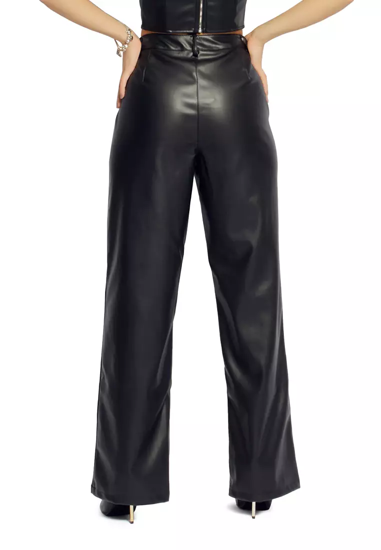 Black Low Waist Faux Leather Flare Pants