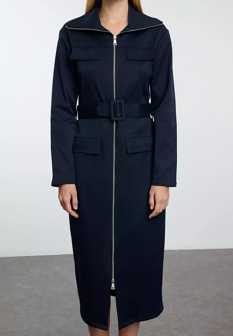 Navy Blue Zippered Pocket Detail Gabardine Fabric Midi Woven Shirt Dress TWOAW25EL00261
