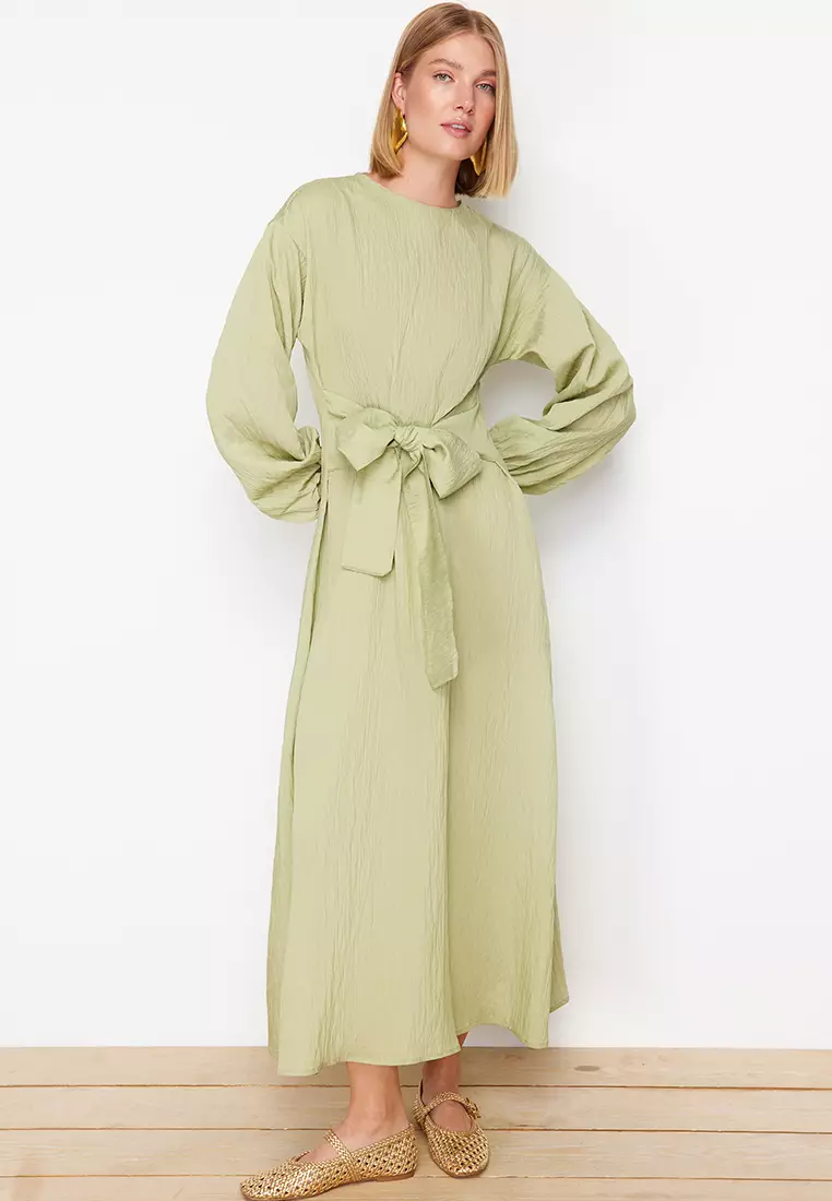 Khaki Front Tie Woven Dress TCTSS24EB00131