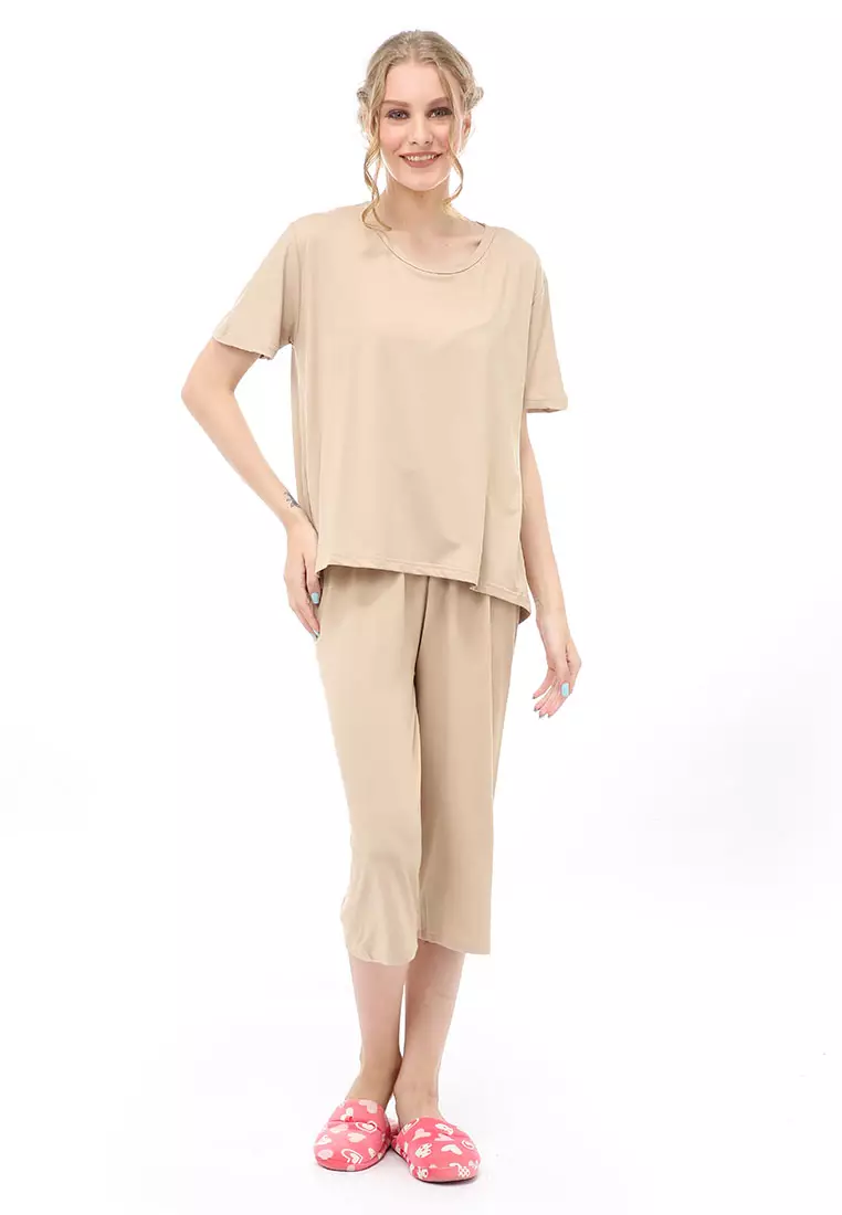 Vance Setelan Piyama Baju Tidur Wanita Celana Pendek 7/8 Material Spandex ORIGINAL - Khaki