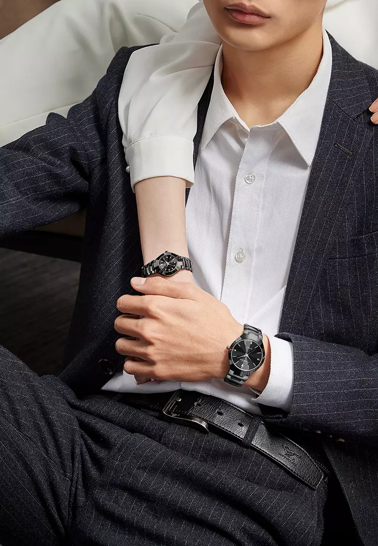 Jam Tangan Couple 9090-M+SL9090-W Stainless Steel Berlian Anti Air Analog Bisnis Kuarsa Jam Tangan Wanita/Pria allblack