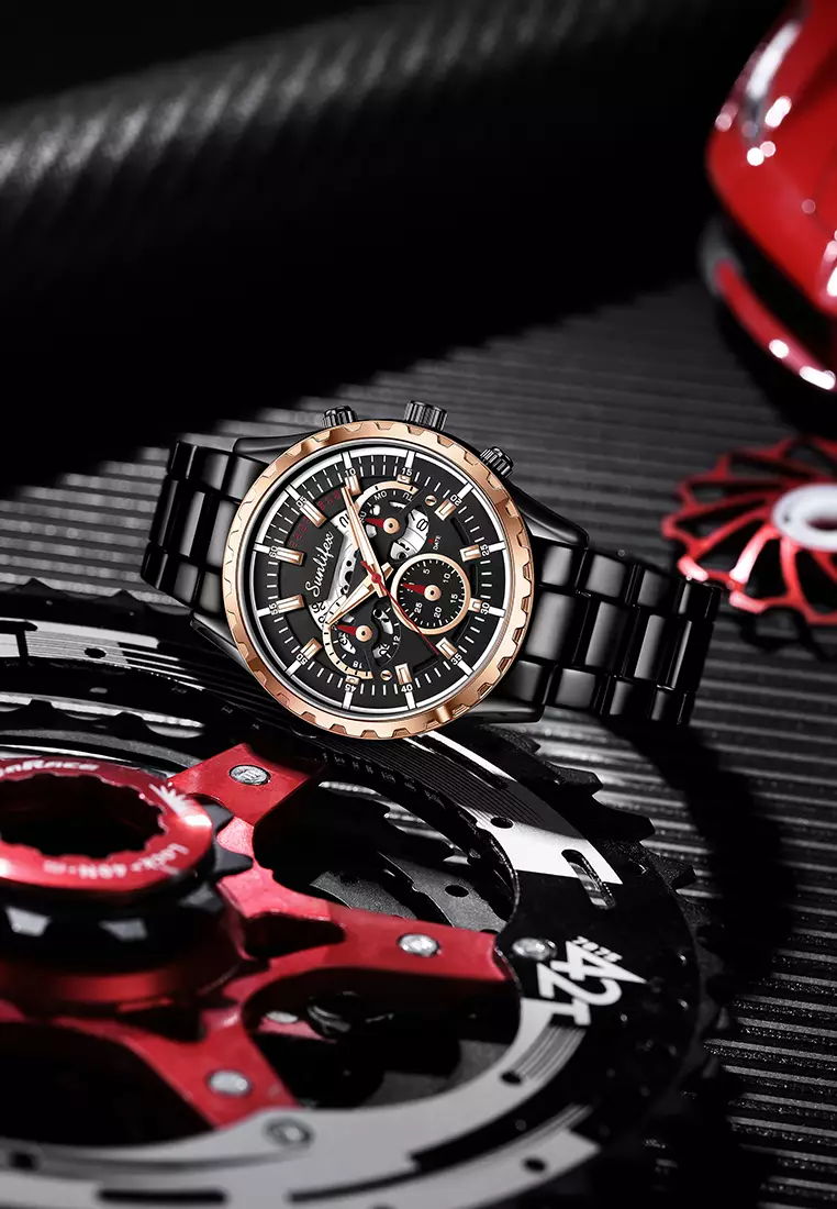 Jam Tangan Pria 8081 Kuarsa Hollow Design Kalender Tali Stainless Steel Jam Tangan Cowok blackgold