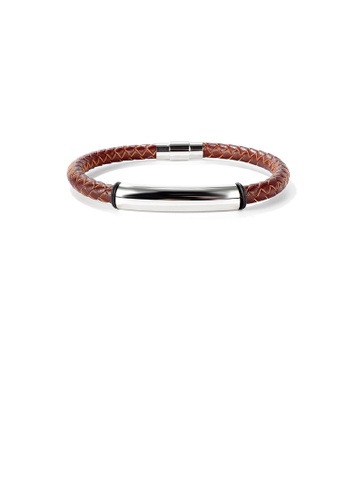 Glamorousky silver Simple and Fashion 316L Stainless Steel Geometric Rectangular Brown Leather Bracelet 9435AAC554F423GS_1