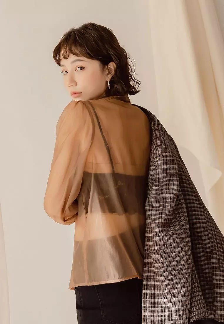 Sexy Sheer Mesh Open-Front Shirt with Front Tie Bow [AB17971]