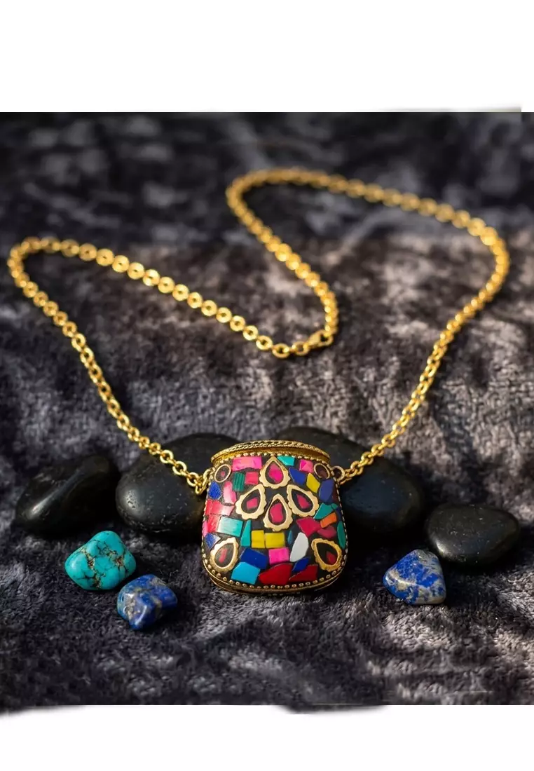 San Marco Kalung Wanita Women's Accessories Inlay GemStones Boho Style Storage Locket Necklace Gold & Multi