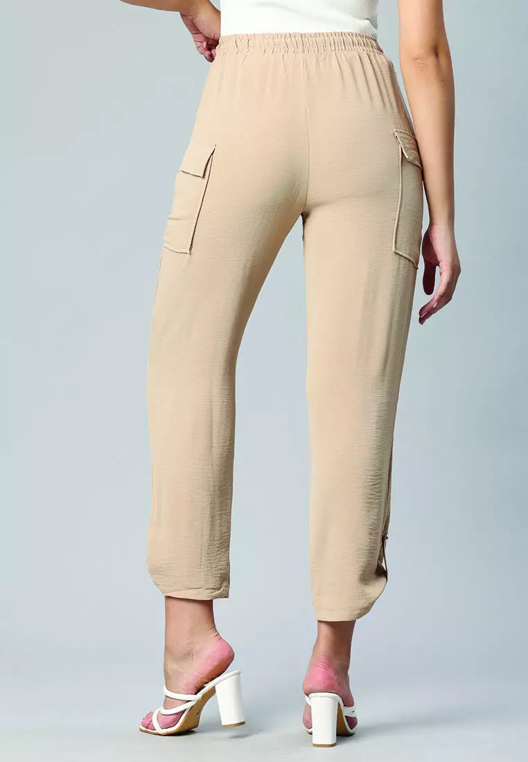 Beige Drawstring Waistband Cargo Pants