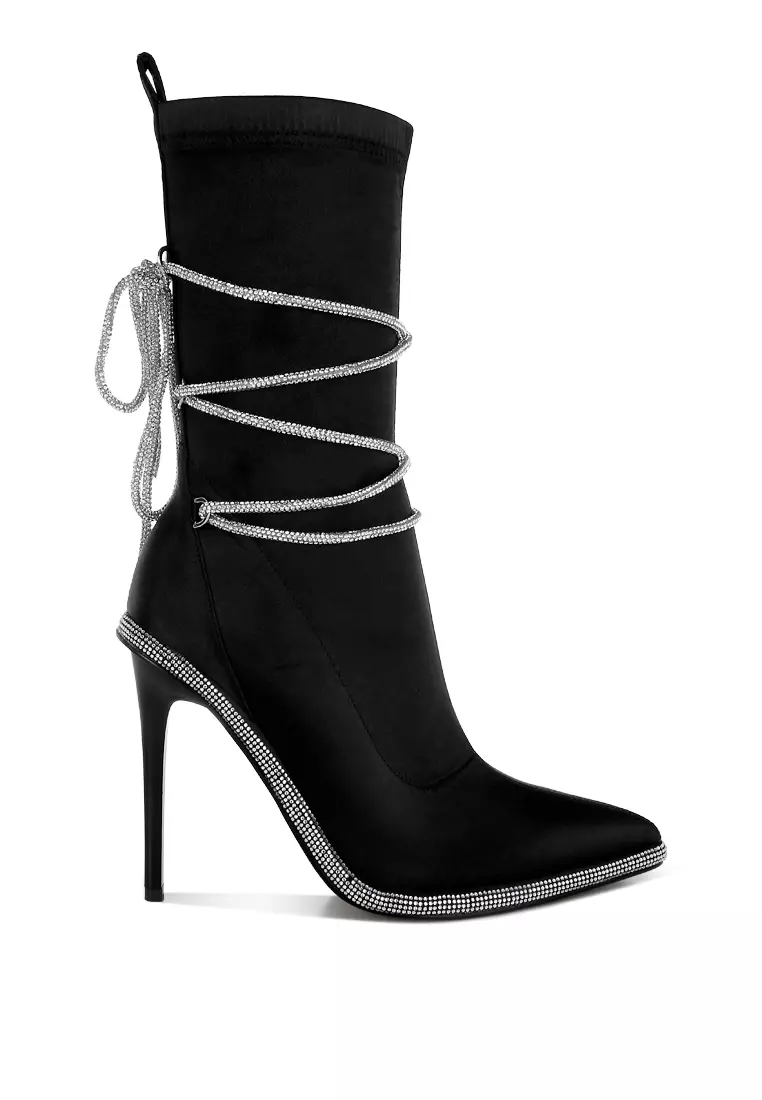 Rhinestones Strap Satin Calf Boots in Black