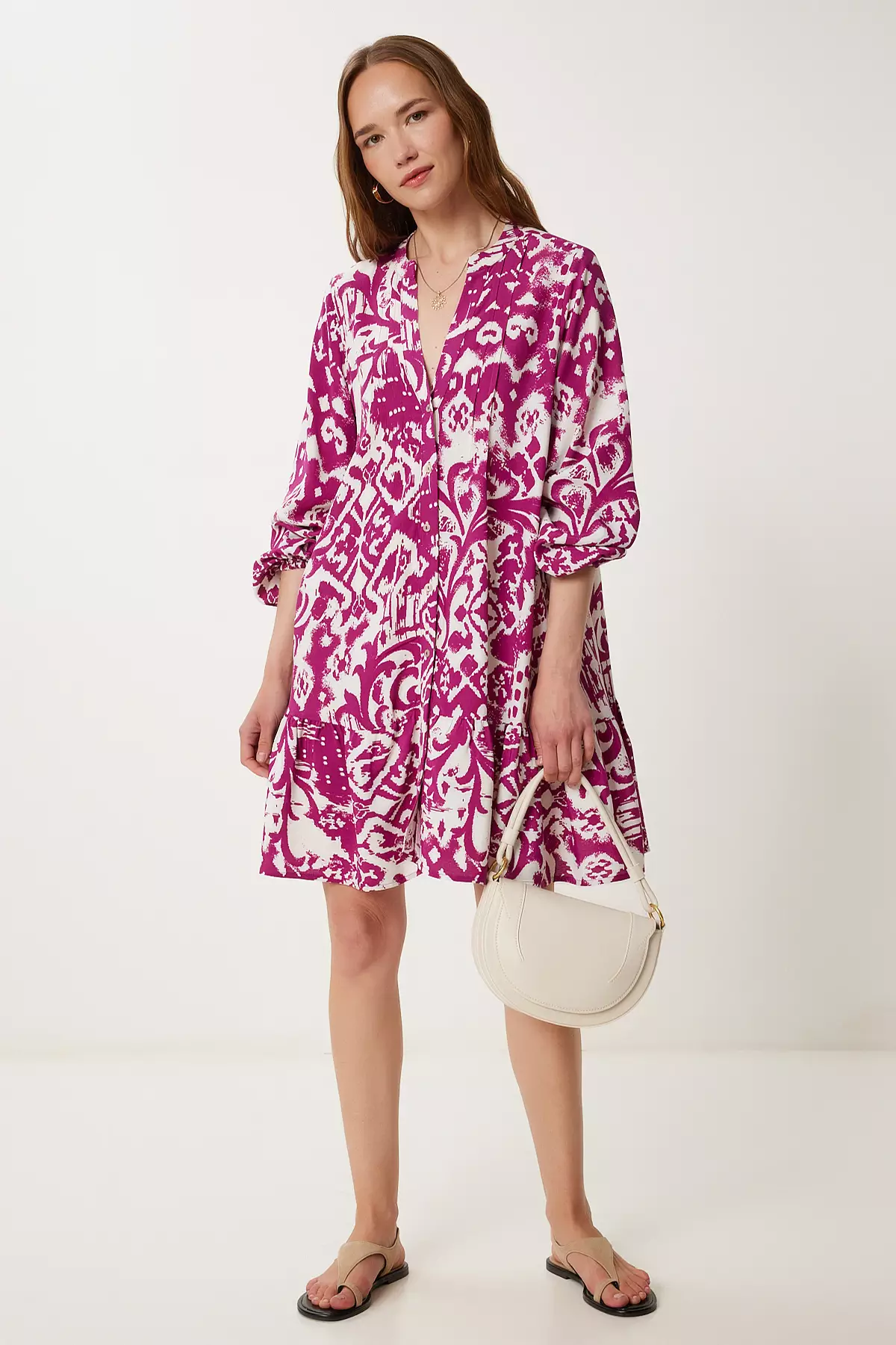 Buy Happiness Istanbul Women's Plum Cream Patterned Flowing Shirt