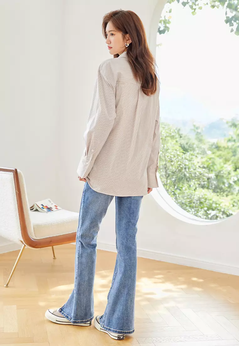 Loose Long Sleeve Casual Shirt with Stripe Design