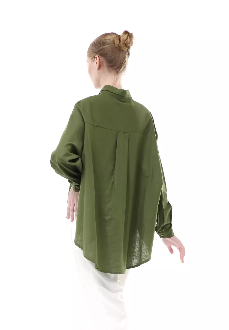 Nandira Kemeja Atasan Wanita Oversize Motif Polos Long Sleeve - Olive
