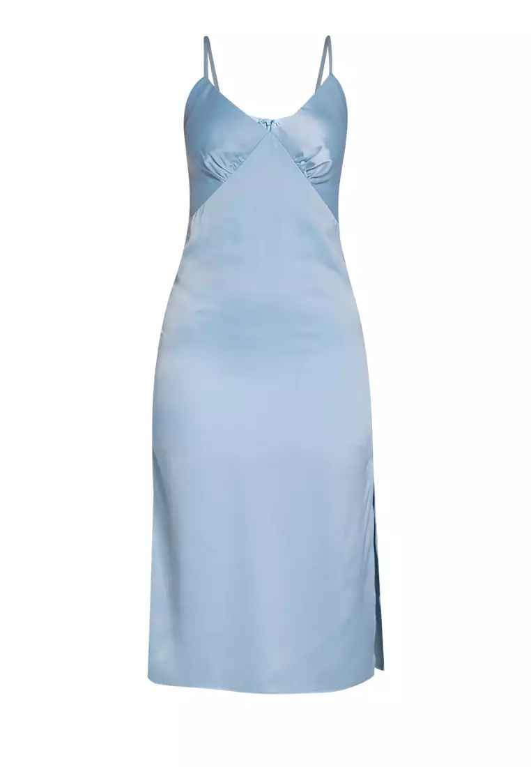 Blue satin slip midi dress