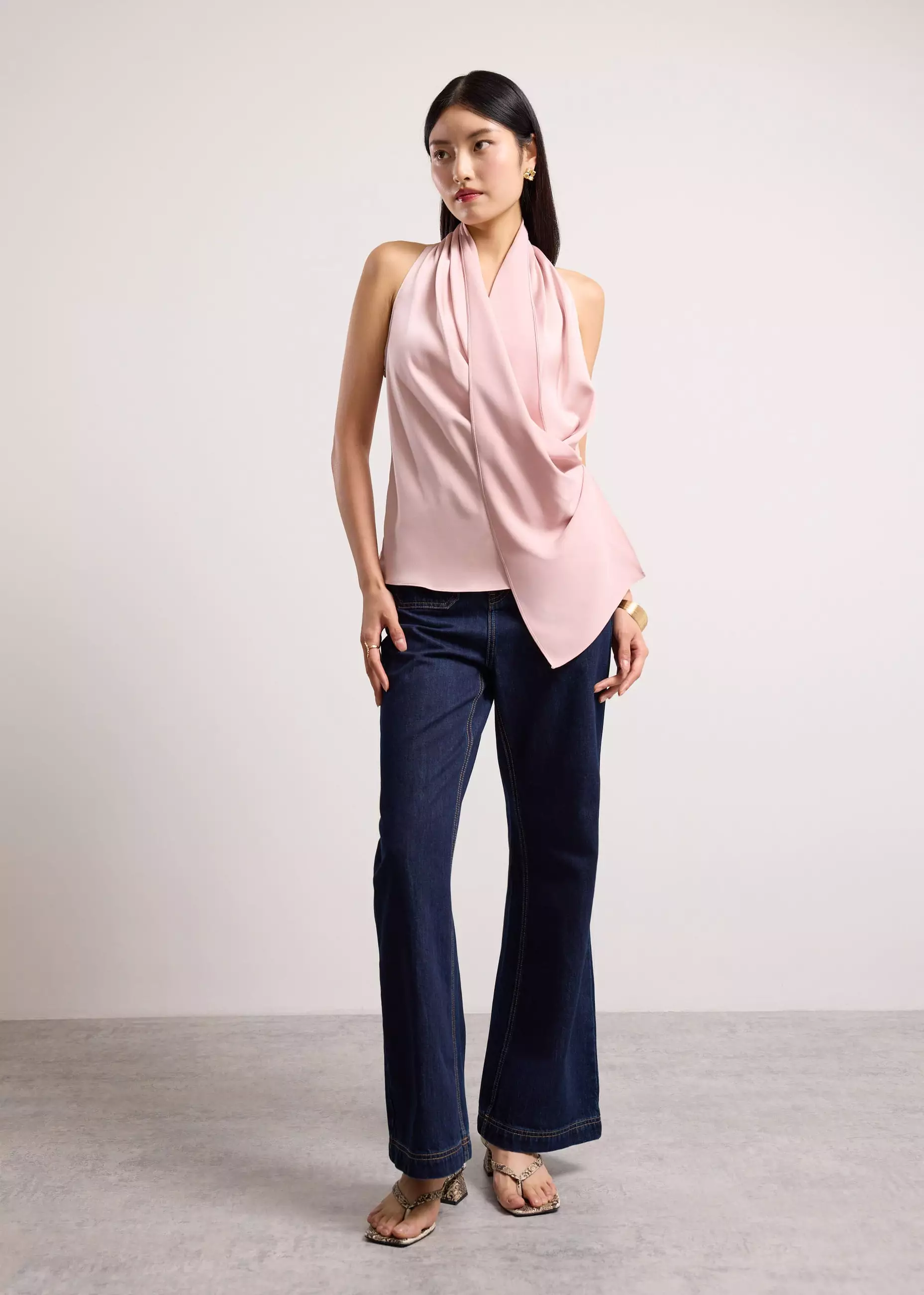 Atasan Wanita - Satin Cowl Neck Halter Fitted Top