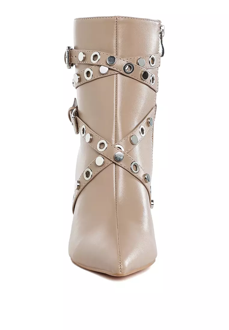 Eyelets & Studs Harness Ankle Boots in Beige