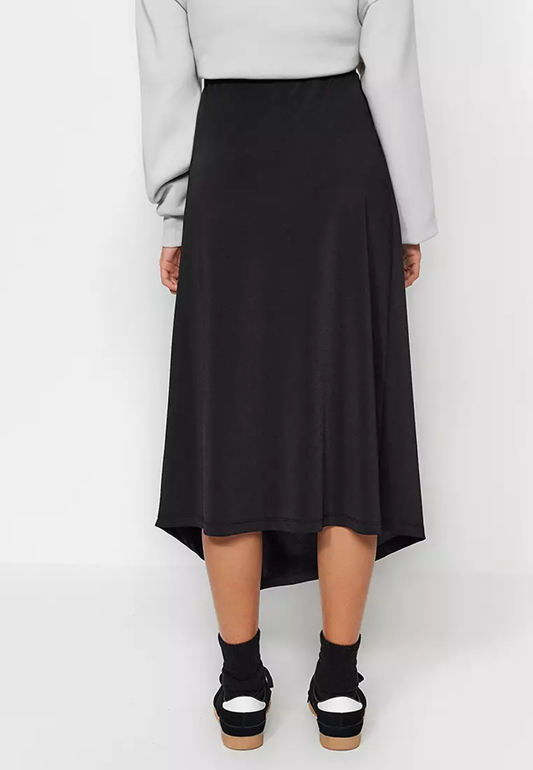 Jupe Midi Tricotée Noire à Motif Asymétrique - Polyester-élasthanne, Coupe Moderne - Trendyol