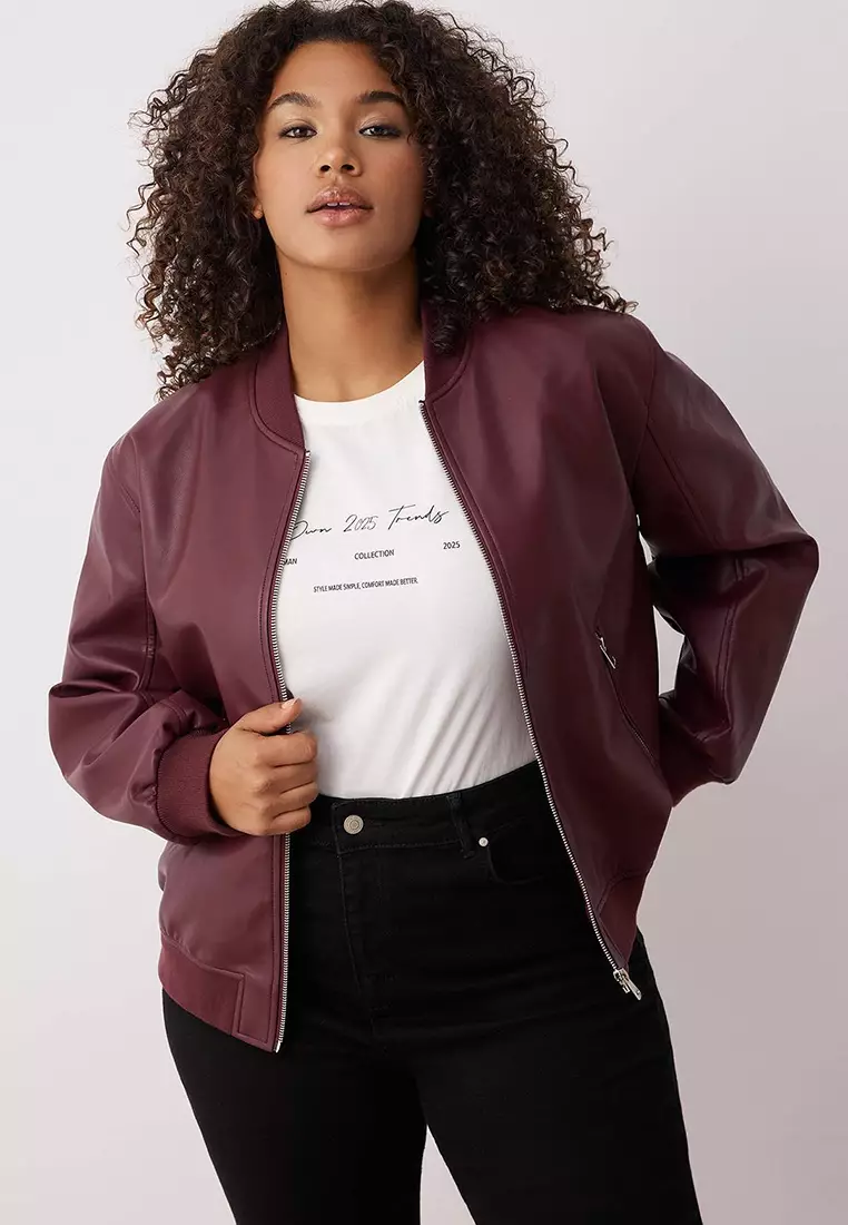 Claret Red Regular Fit Faux Leather Bomber Thin Plus Size Jacket Coat