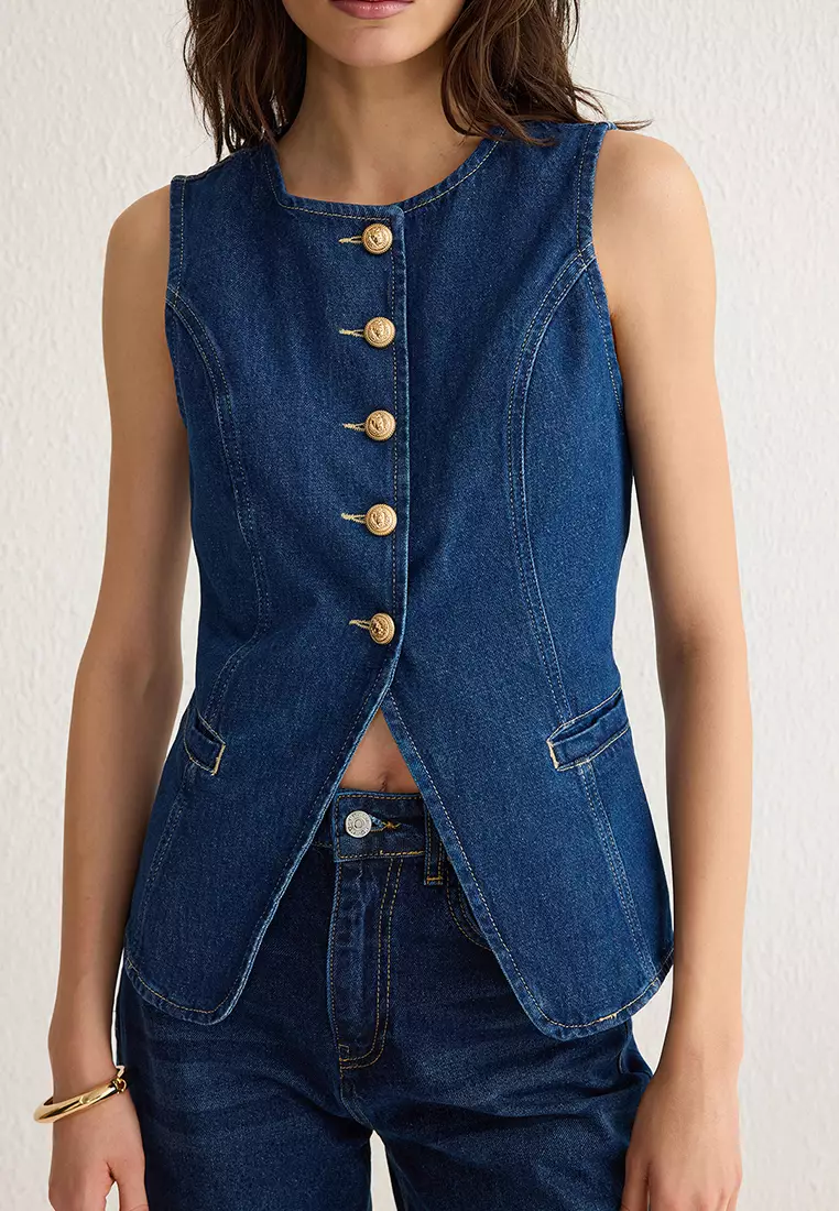 Dark Blue Gold Buttoned Stitch Detailed Denim Vest