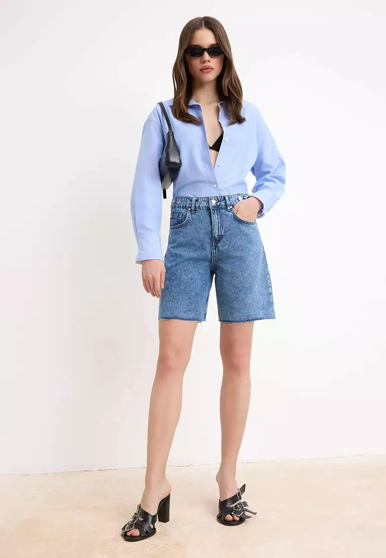 Blue Adjustable Waist High Waist Denim Bermuda Twoss26Sr144