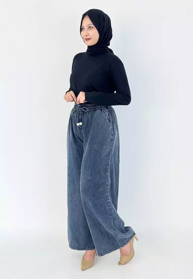 LEZAHRASIGNATURE Palazzo Emily - Celana Panjang Kulot Denim Wanita - Hitam Snow