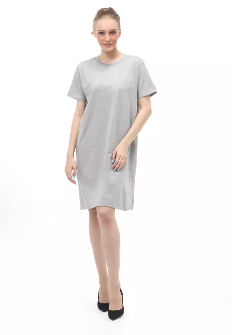 Finch Midi Dress Wanita Short Sleeves Motif Polos - Abu