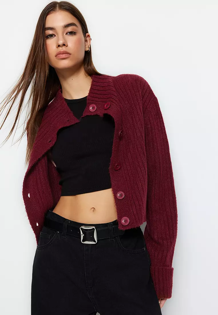 Claret Red Crop Soft Textured Stand Collar Knitwear Cardigan Twoaw22Hi174