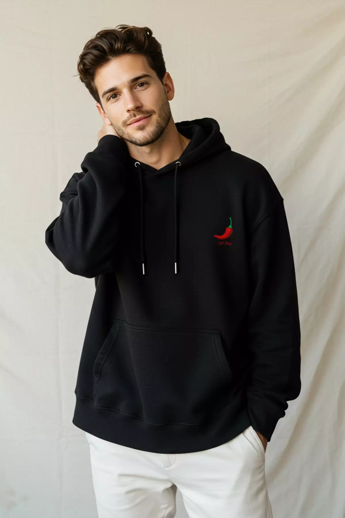 Black Pepper Embroidered Oversize/Wide Cut Fleece Inside Hooded Sweatshirt