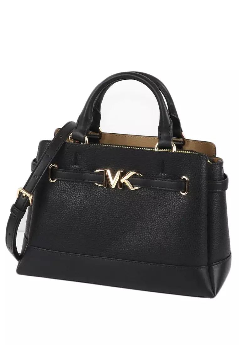 Reed Small Two-Tone Pebbled Leather Belted Satchel Black