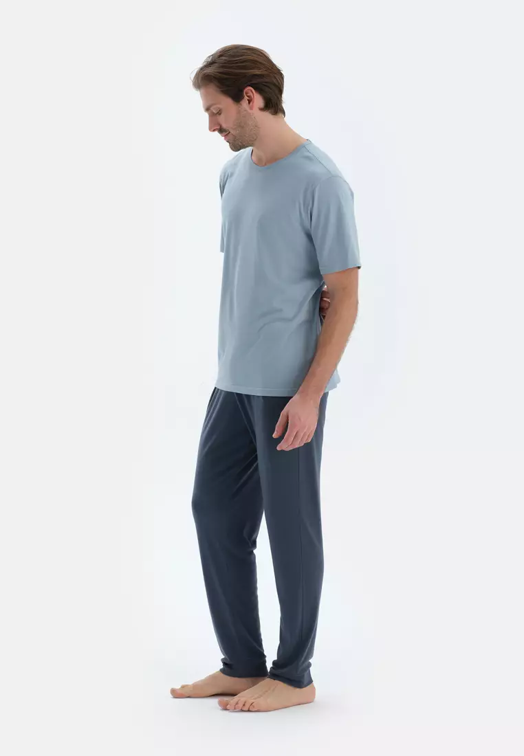 Blue T-Shirt, Crew Neck, Regular, Short Sleeve Sleepwear for Men