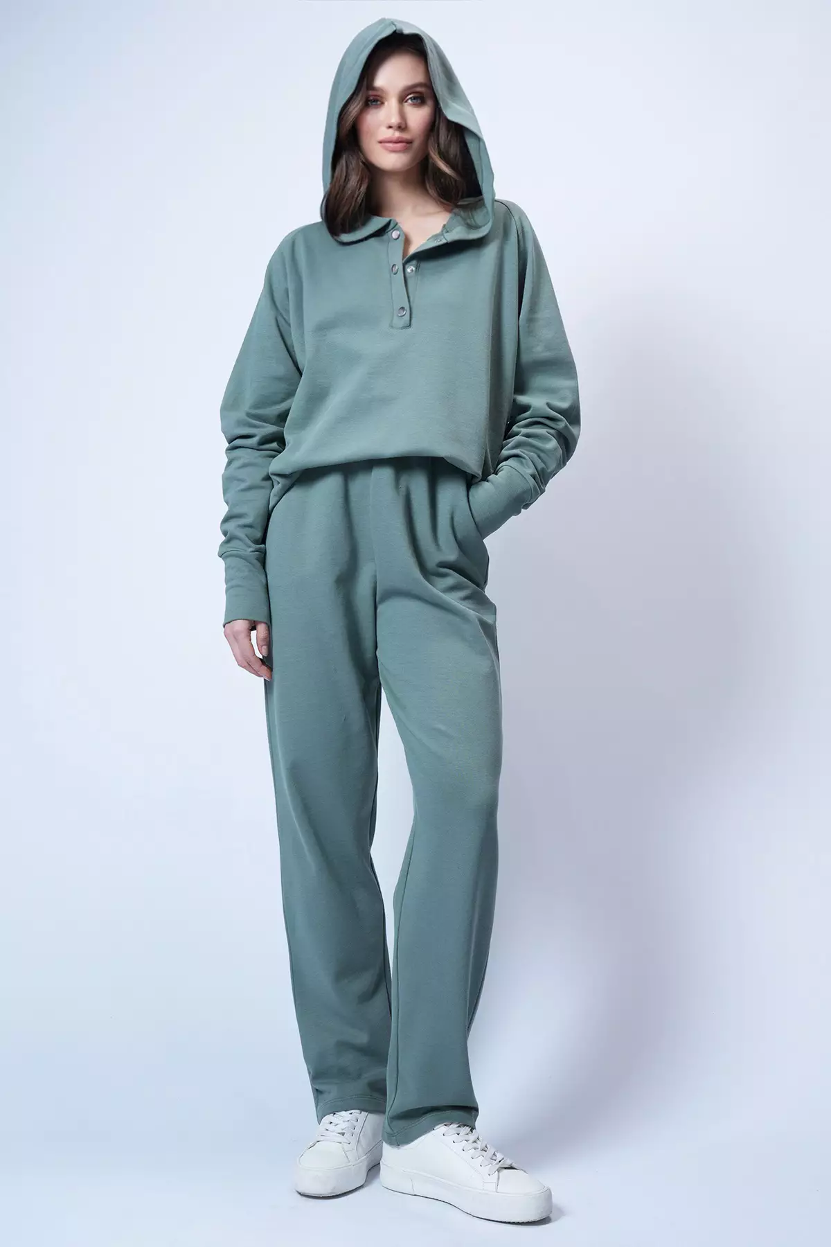 Mint Hooded Snap Fastener Oversize Sweatshirt And Pants Top And Bottom Set Alc-X12476