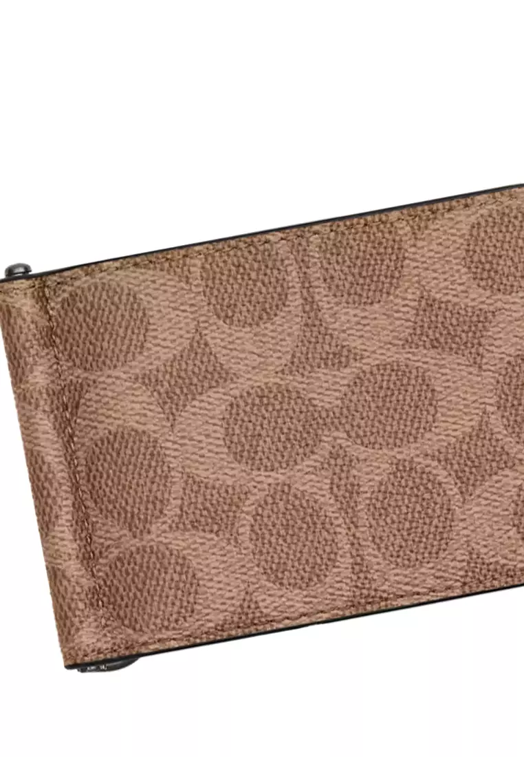 Slim Money Clip Billfold Wallet In Signature Canvas Tan/Black CY059