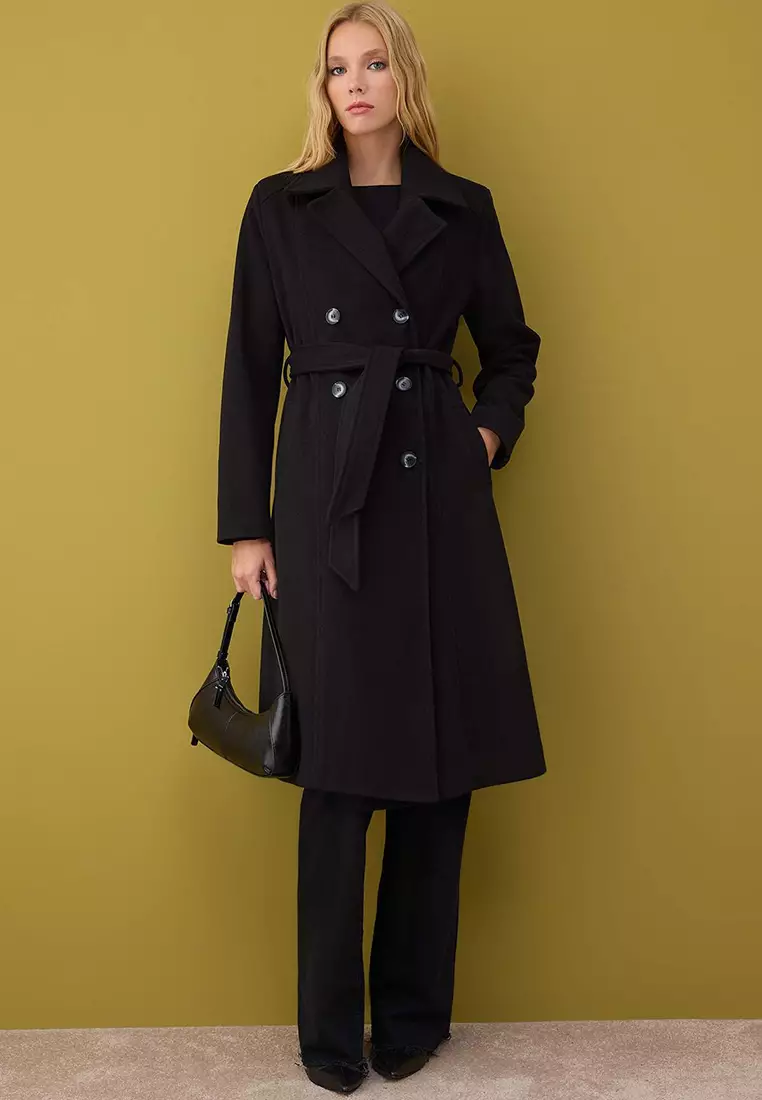 Black Oversize Soft Textured Double Breasted Long Cashmere Coat