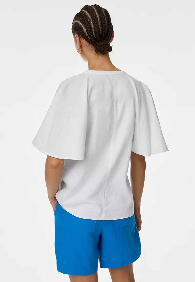 Linen Rich Tie Neck Angel Sleeve Blouse