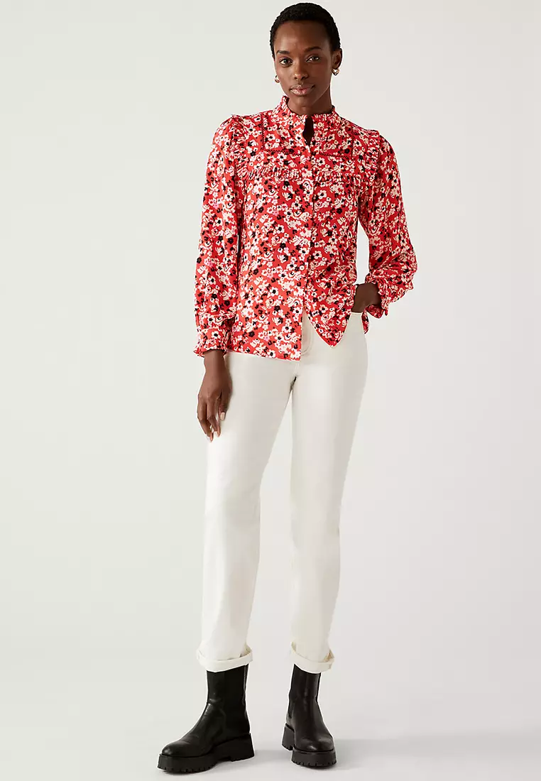 Printed High Neck Bib Detail Blouse