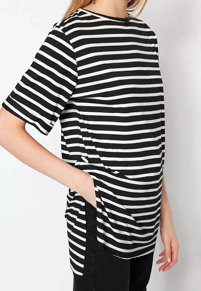 Stripe Pattern T-Shirt with Slit Detail