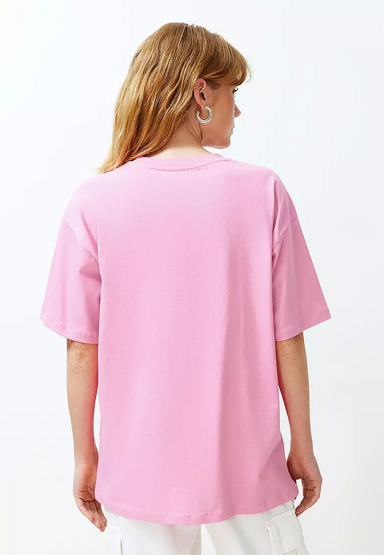 Pink Heart Motto Printed Oversize/Casual Fit Knitted T-Shirt