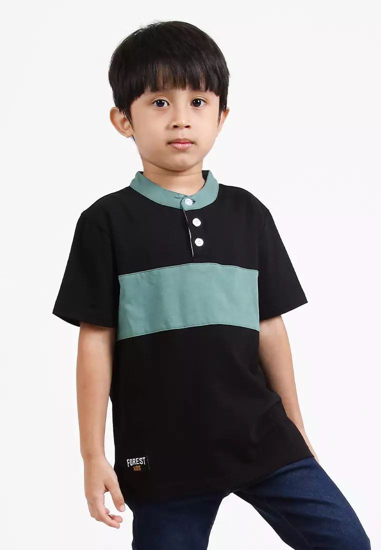 Forest Kids Premium Weight Cotton Stretchable Mandarin Collar T Shirt Men | T Shirt Baju Budak Lelaki - FK20170-01Black