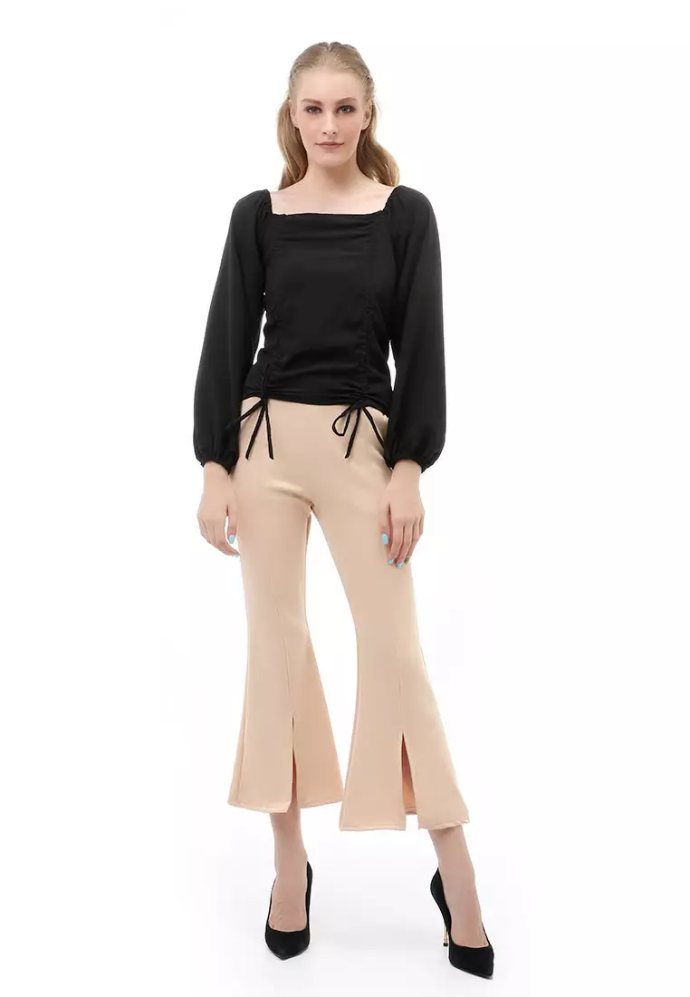 Cheva Blouse Atasan Wanita Sabrina Tali Lengan Panjang Casual Top Long Sleeve Comfortable Material Wolfis ORIGINAL - Black