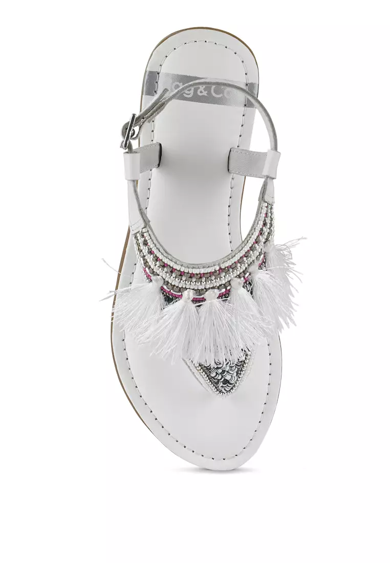 Genuine Leather Tassel Sandals in White