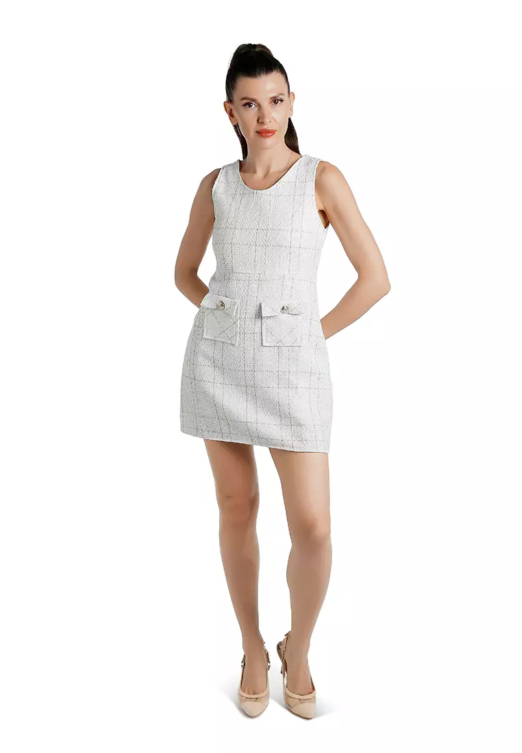 灰白色無袖梭織有蓋口袋迷你連身裙