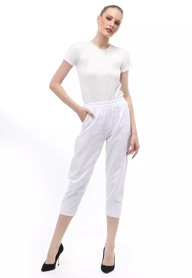 Long Pants Bawahan Wanita Motif Polos Design Casual - White