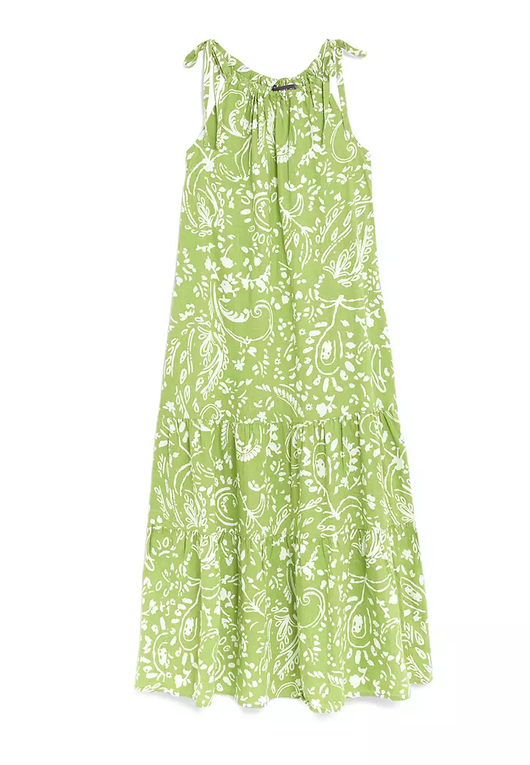 Linen Blend Animal Print Maxi Tiered Dress