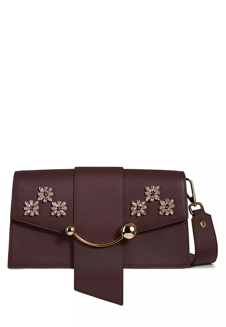 STRATHBERRY MINI CRESCENT (SC) - FLORAL BEADING EMBROIDERY LEATHER BURGUNDY OS