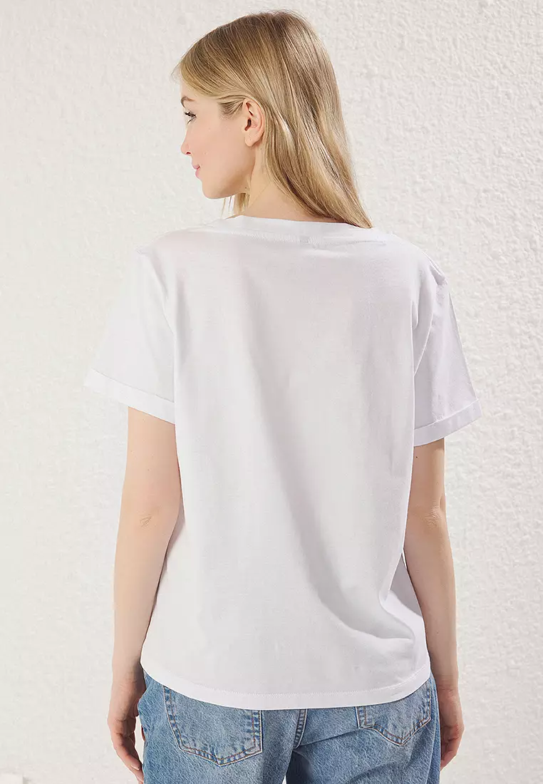 White V Neck Short Sleeve Regular/Basic Knitted T-Shirt