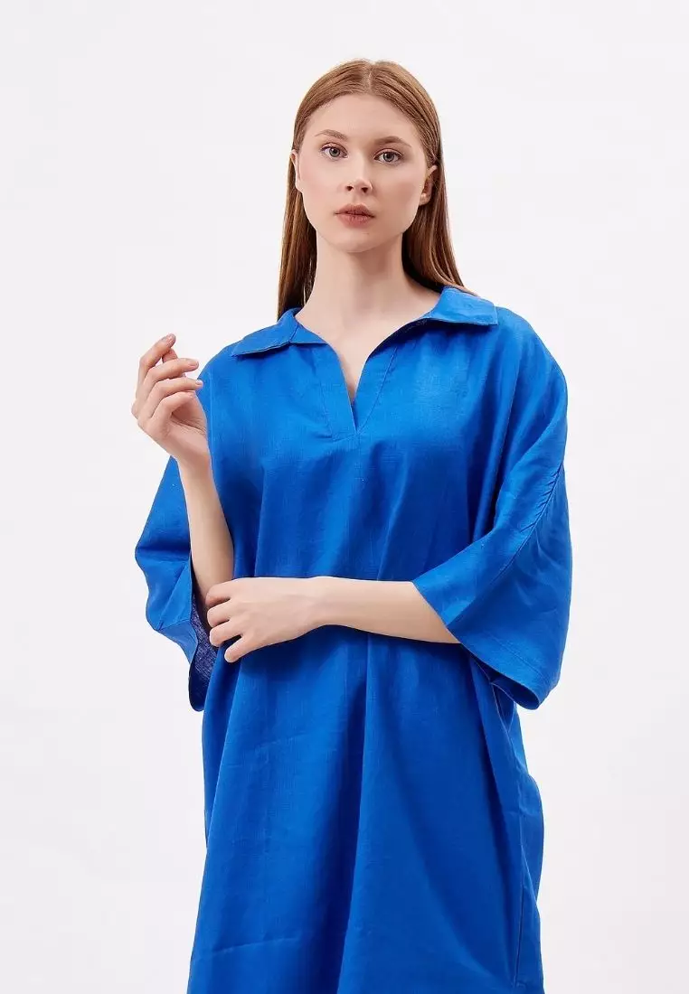 Sharjah Dress Kaftan Linen Wanita Biru | Linen Kaftan Dress Women Blue
