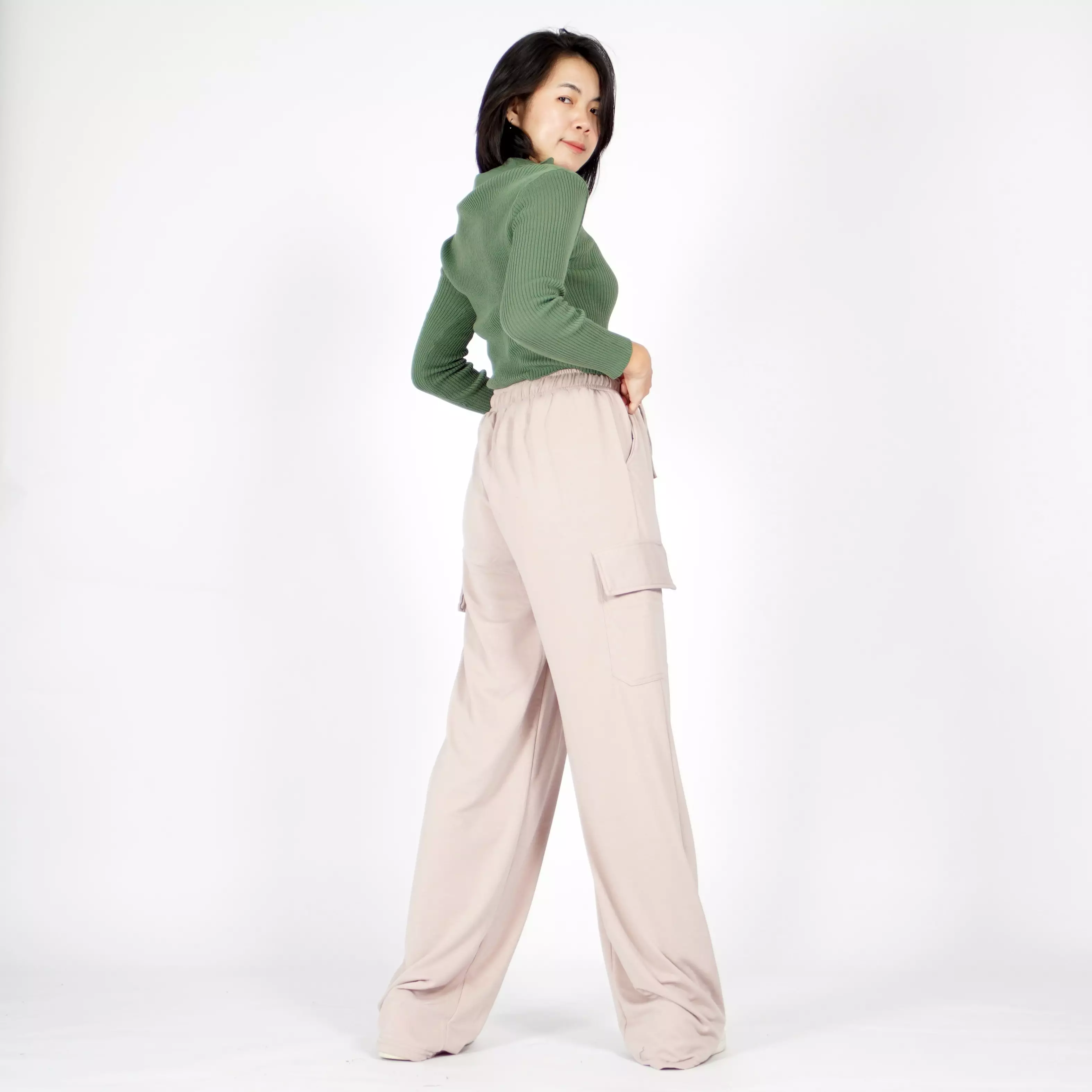  ANGEL Knit Crop Top Rajut CropTop Lengan Panjang Korean Style - Olive